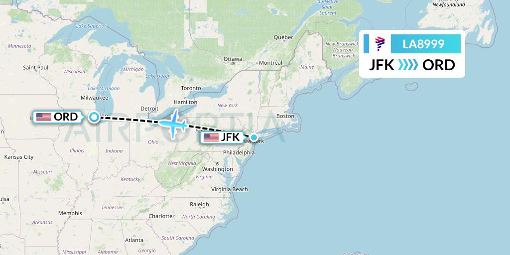 LA8999 LAN Airlines Flight Map: New York to Chicago