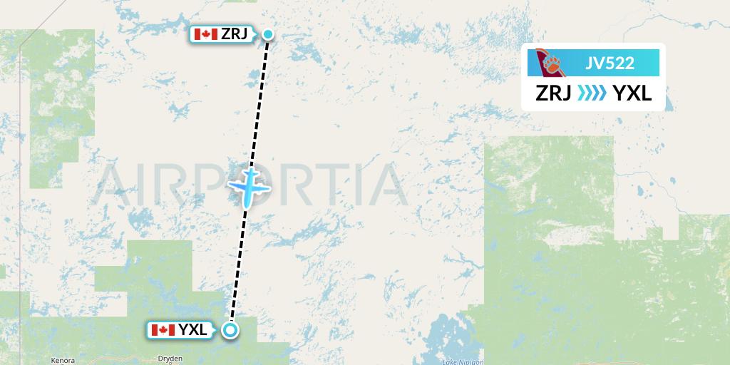 JV522 Bearskin Airlines Flight Map: Round Lake to Sioux Lookout