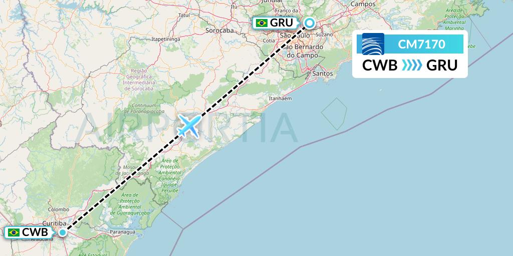 CM7170 Copa Airlines Flight Map: Curitiba to Sao Paulo
