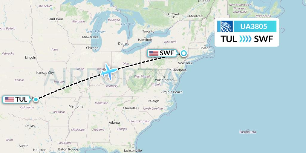 UA3805 United Airlines Flight Map: Tulsa to Newburgh