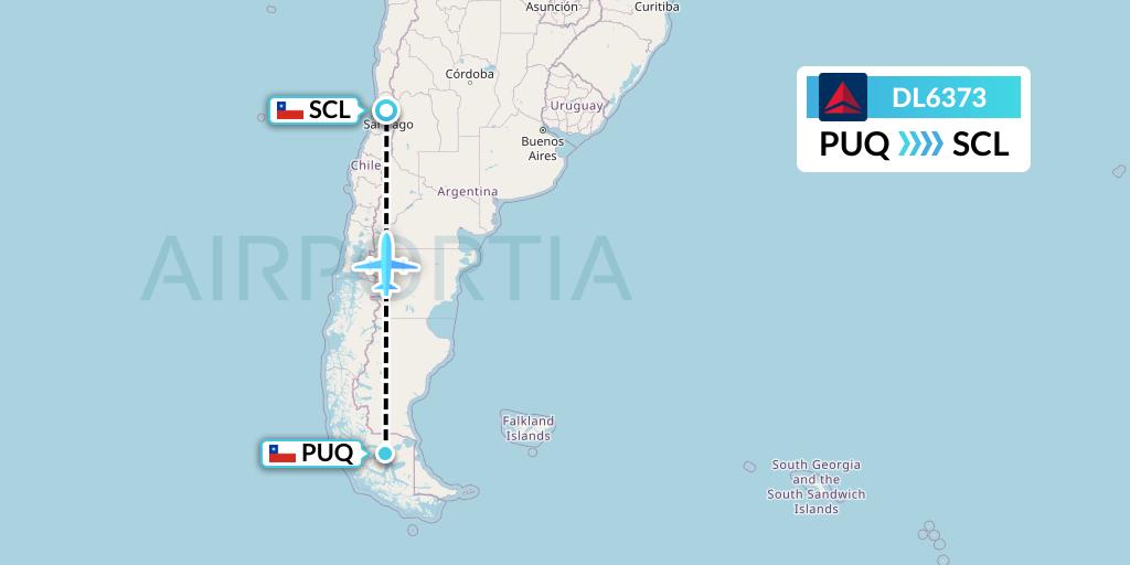 DL6373 Delta Air Lines Flight Map: Punta Arenas to Santiago