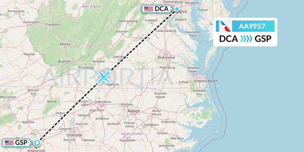 AA9957 American Airlines Flight Map: Washington to Greenville-Spartanburg