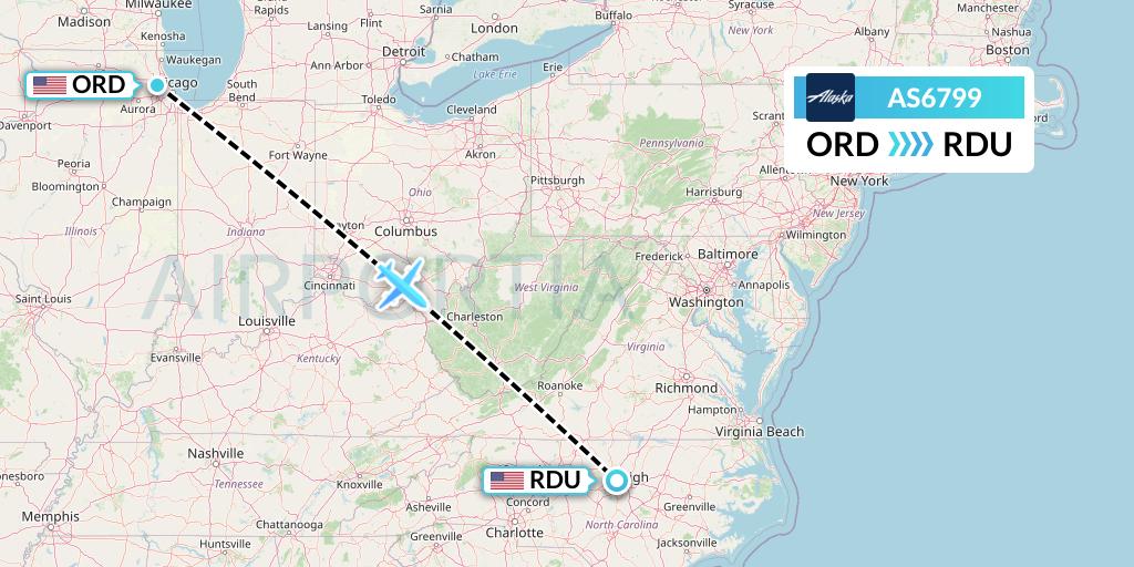 AS6799 Alaska Airlines Flight Map: Chicago to Raleigh-Durham