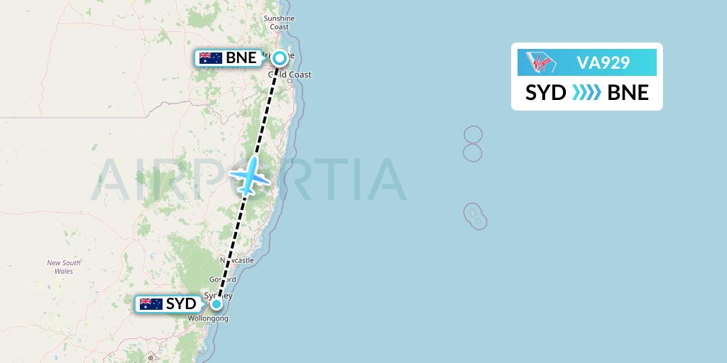 VA929 Virgin Australia Flight Map: Sydney to Brisbane