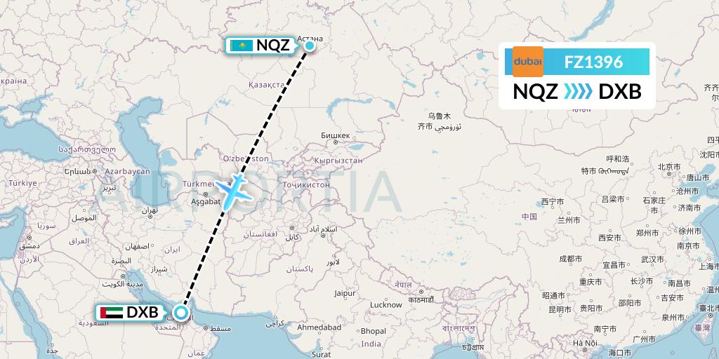 FZ1396 FlyDubai Flight Map: Astana to Dubai