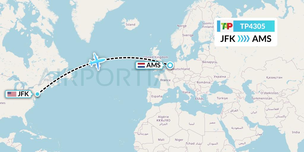 TP4305 TAP Portugal Flight Map: New York to Amsterdam