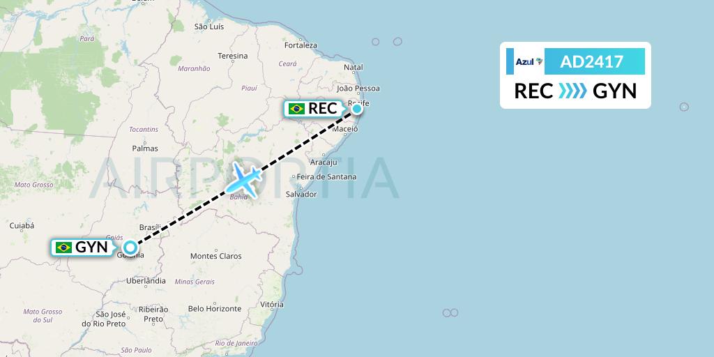AD2417 Azul Brazilian Airlines Flight Map: Recife to Goiania