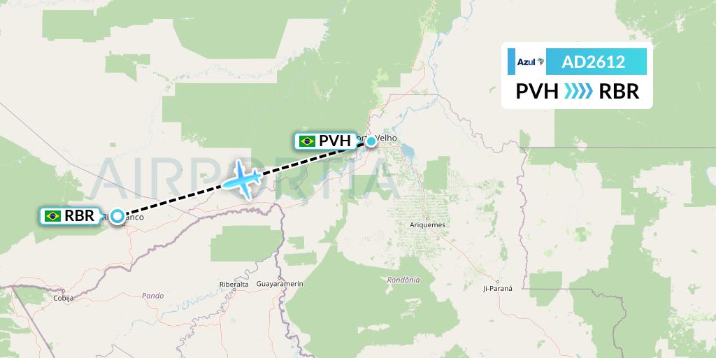 AD2612 Azul Brazilian Airlines Flight Map: Porto Velho to Rio Branco
