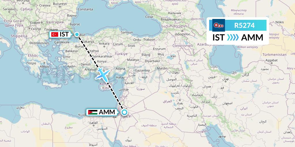 R5274 Jordan Aviation Flight Map: Istanbul to Amman