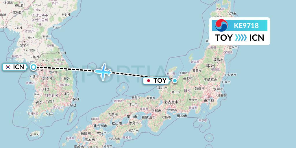 KE9718 Korean Air Flight Map: Toyama to Seoul