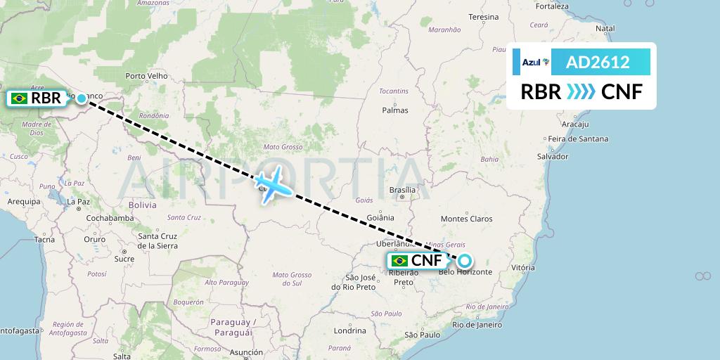 AD2612 Azul Brazilian Airlines Flight Map: Rio Branco to Belo Horizonte