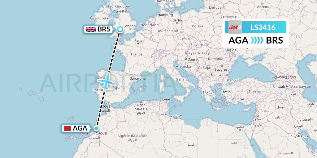 LS3416 Jet2 Flight Map: Agadir to Bristol