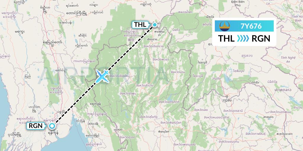 7Y676 Mann Yadanarpon Airlines Flight Map: Tachilek to Yangon