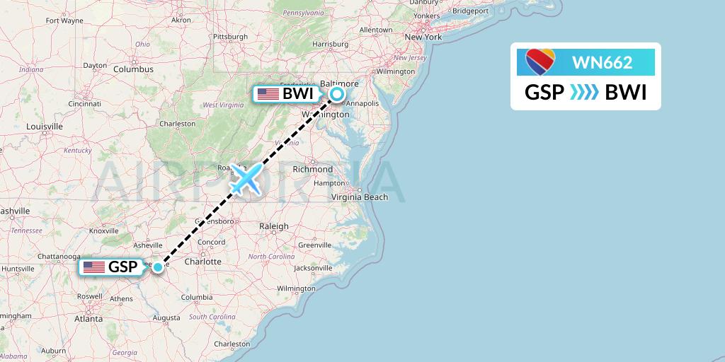 WN662 Southwest Airlines Flight Map: Greenville-Spartanburg to Baltimore