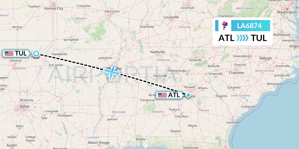 LA6874 LAN Airlines Flight Map: Atlanta to Tulsa