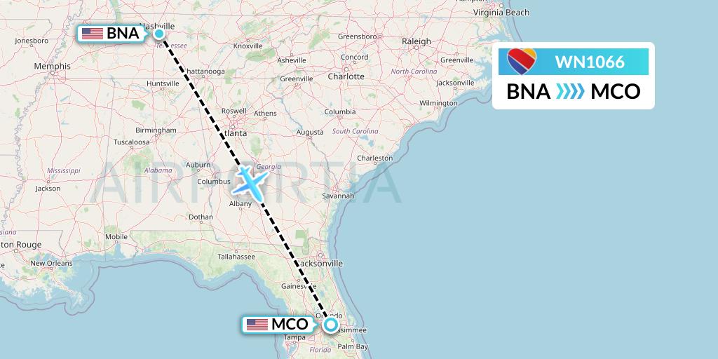 WN1066 Southwest Airlines Flight Map: Nashville to Orlando