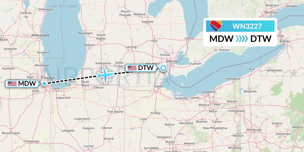 WN3227 Southwest Airlines Flight Map: Chicago to Detroit