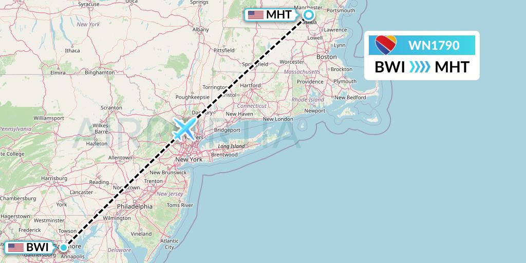 WN1790 Southwest Airlines Flight Map: Baltimore to Manchester