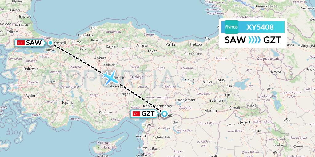 XY5408 Flynas Flight Map: Istanbul to Gaziantep