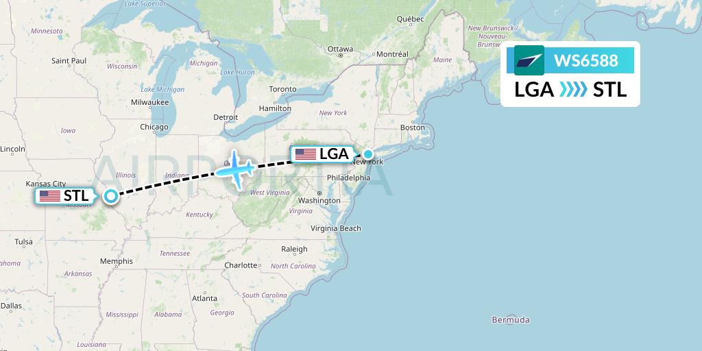 WS6588 WestJet Flight Map: New York to St. Louis