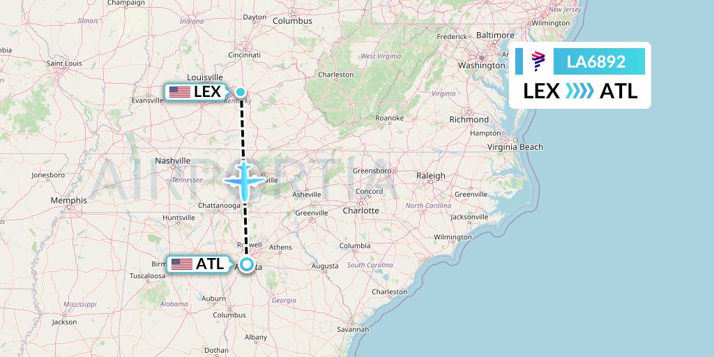 LA6892 LAN Airlines Flight Map: Lexington to Atlanta