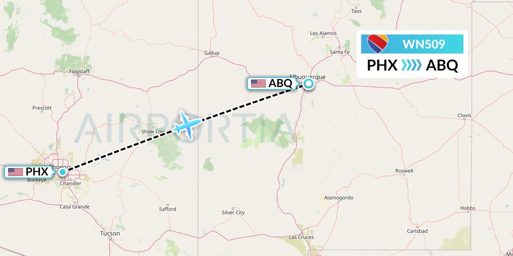 WN509 Southwest Airlines Flight Map: Phoenix to Albuquerque