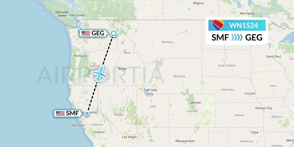 WN1524 Southwest Airlines Flight Map: Sacramento to Spokane