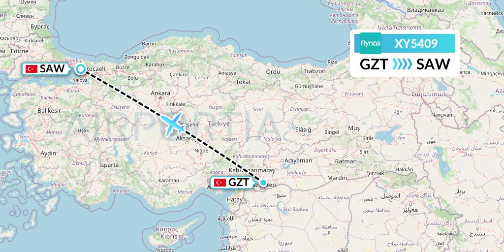 XY5409 Flynas Flight Map: Gaziantep to Istanbul