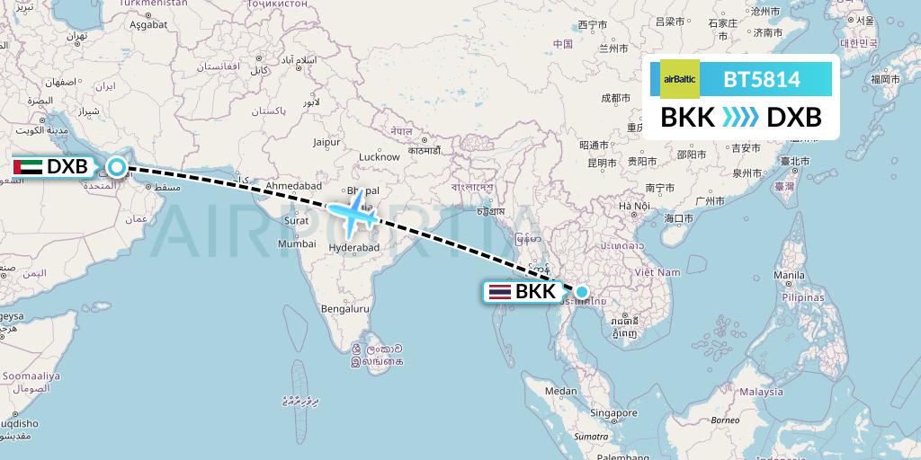 BT5814 Air Baltic Flight Map: Bangkok to Dubai