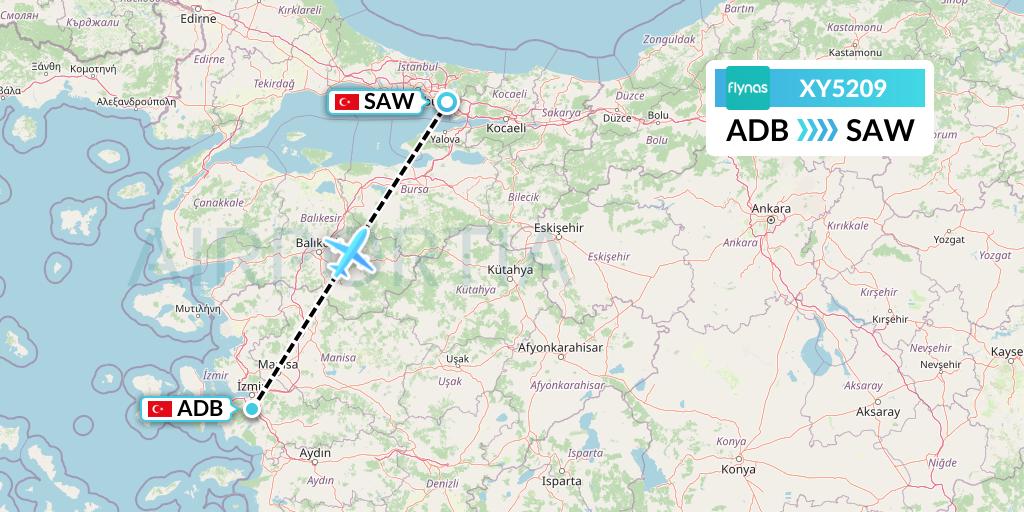 XY5209 Flynas Flight Map: Izmir to Istanbul