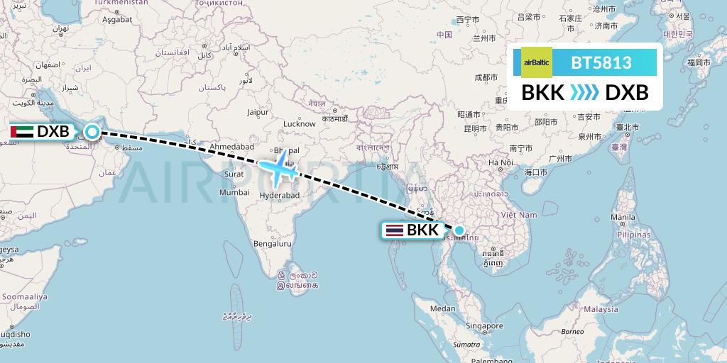 BT5813 Air Baltic Flight Map: Bangkok to Dubai