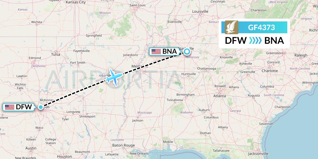 GF4373 Gulf Air Flight Map: Dallas to Nashville
