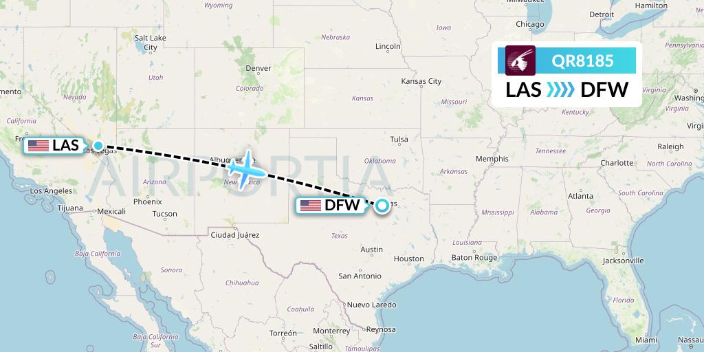 QR8185 Qatar Airways Flight Map: Las Vegas to Dallas