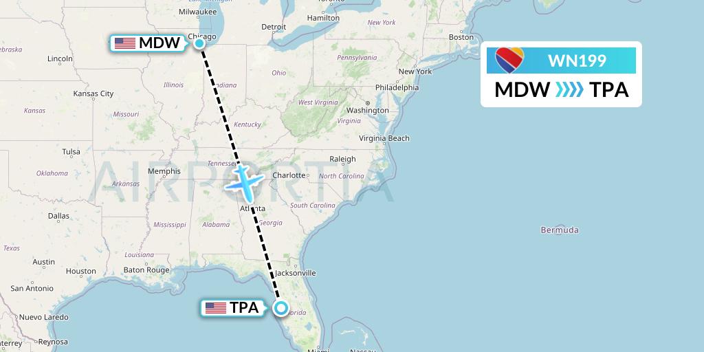 WN199 Southwest Airlines Flight Map: Chicago to Tampa