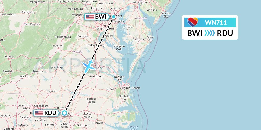 WN711 Southwest Airlines Flight Map: Baltimore to Raleigh-Durham