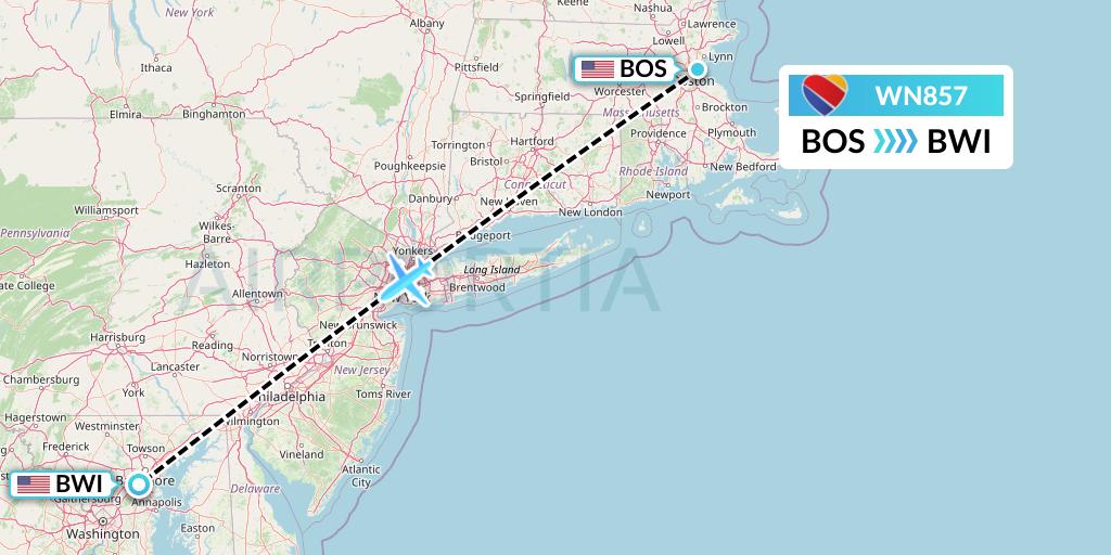 WN857 Southwest Airlines Flight Map: Boston to Baltimore