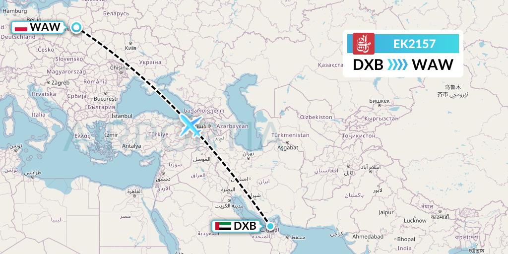EK2157 Emirates Flight Map: Dubai to Warsaw