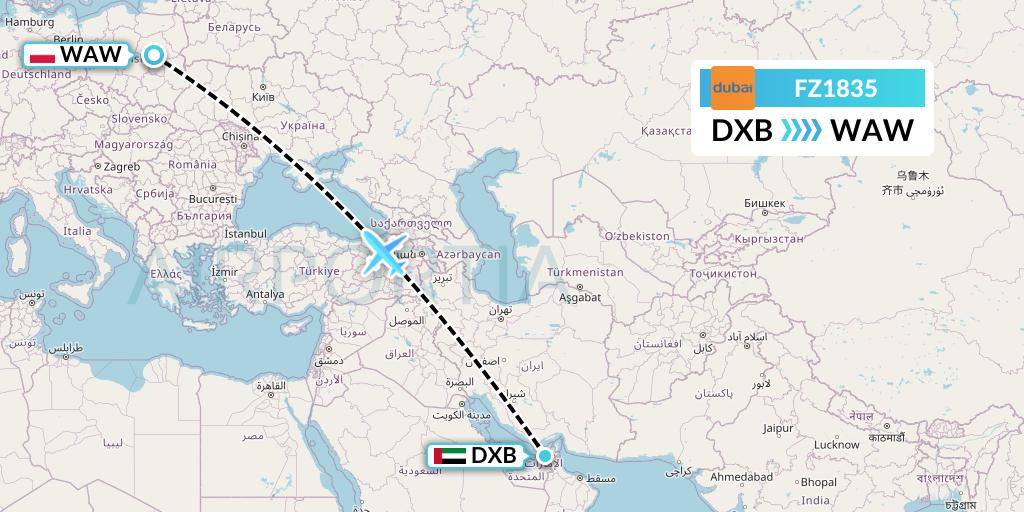 FZ1835 FlyDubai Flight Map: Dubai to Warsaw