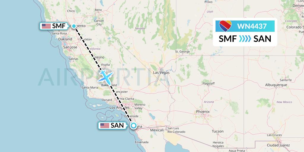 WN4437 Southwest Airlines Flight Map: Sacramento to San Diego