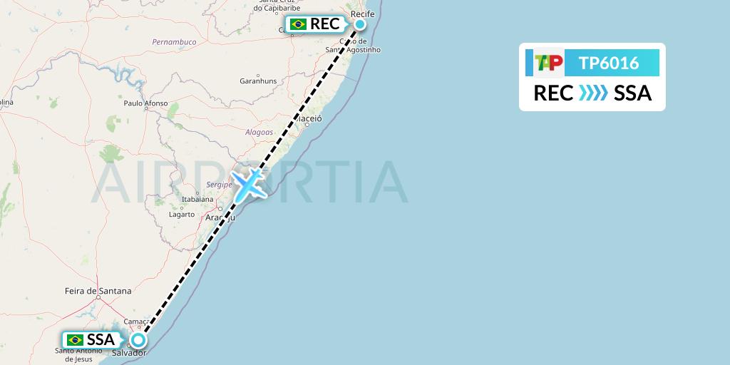TP6016 TAP Portugal Flight Map: Recife to Salvador
