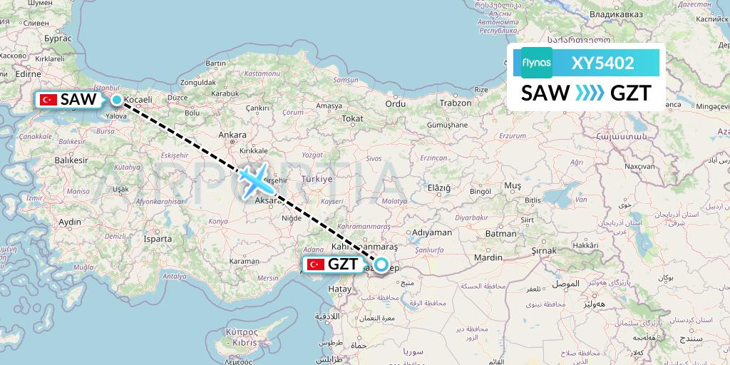 XY5402 Flynas Flight Map: Istanbul to Gaziantep