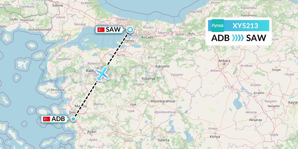 XY5213 Flynas Flight Map: Izmir to Istanbul