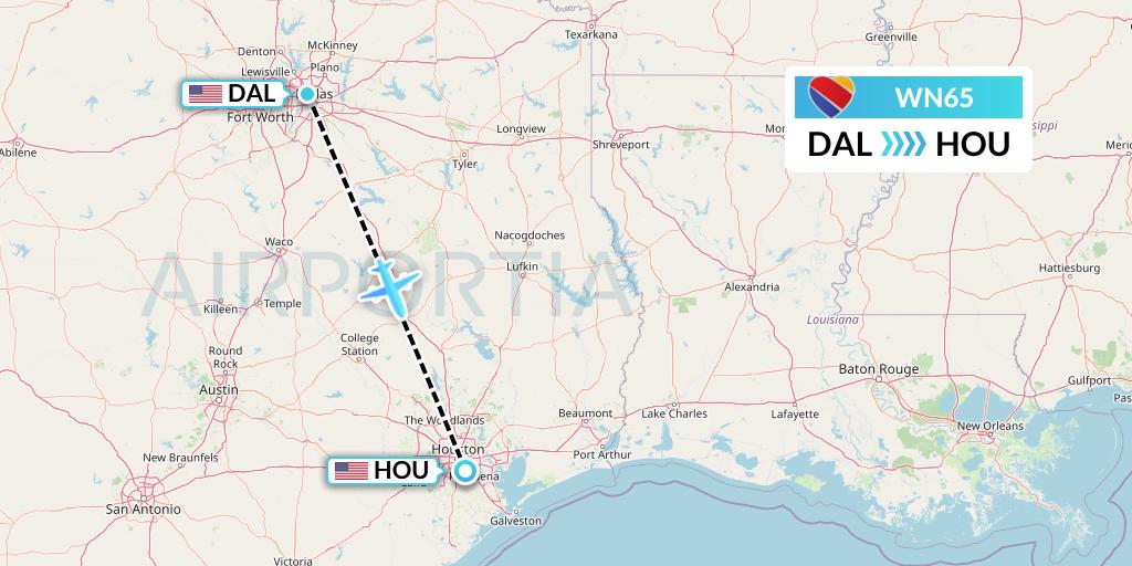 WN65 Southwest Airlines Flight Map: Dallas to Houston