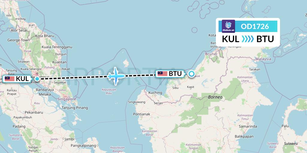 OD1726 Batik Air Malaysia Flight Map: Kuala Lumpur to Bintulu