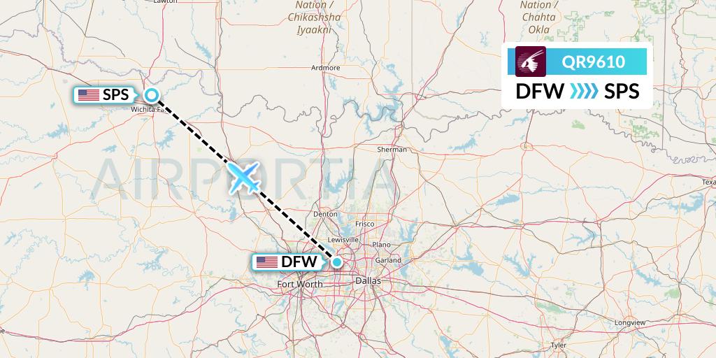 QR9610 Qatar Airways Flight Map: Dallas to Wichita Falls