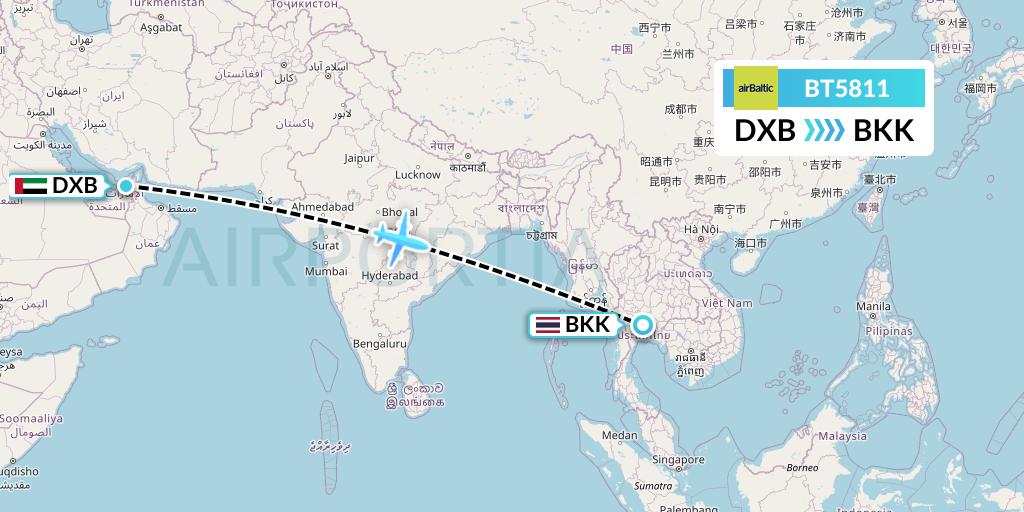 BT5811 Air Baltic Flight Map: Dubai to Bangkok