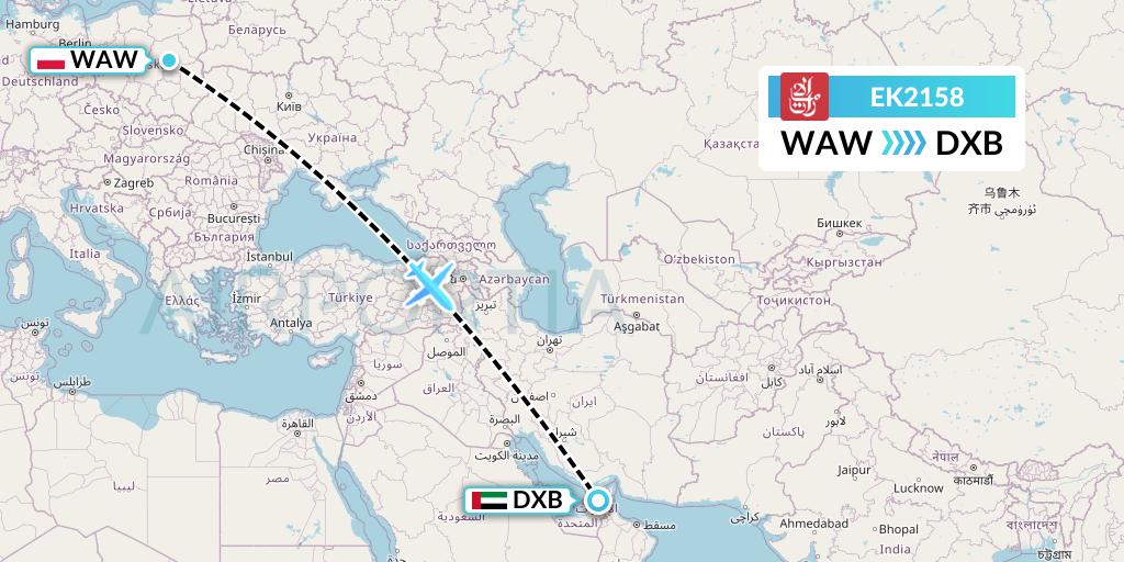 EK2158 Emirates Flight Map: Warsaw to Dubai