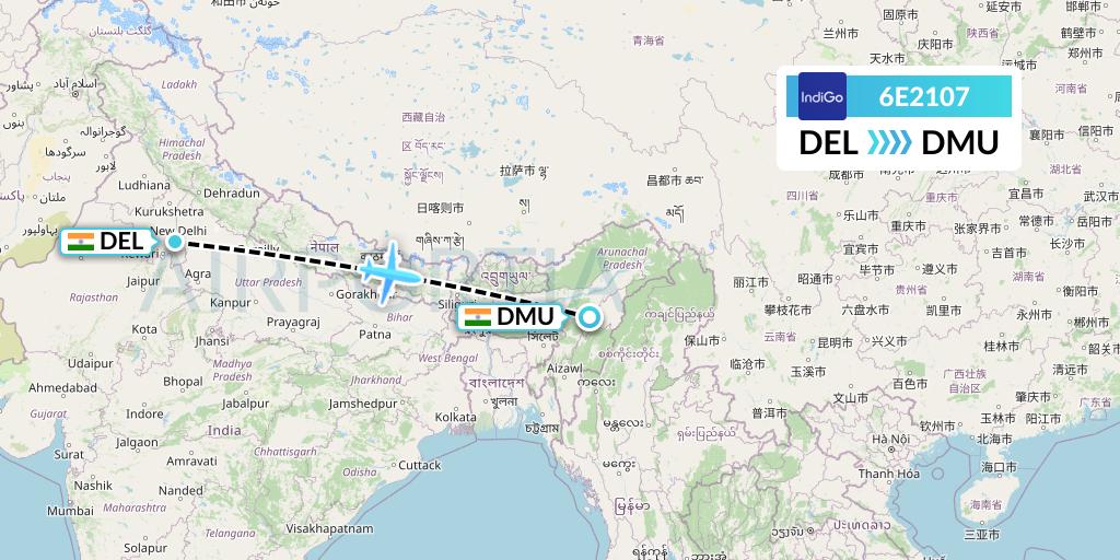 6E2107 IndiGo Airlines Flight Map: Delhi to Dimapur