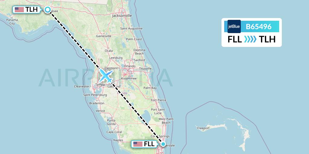 B65496 JetBlue Airways Flight Map: Fort Lauderdale to Tallahassee