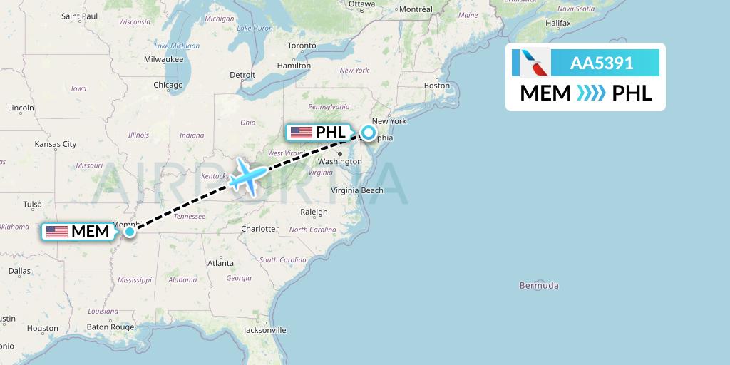 AA5391 American Airlines Flight Map: Memphis to Philadelphia